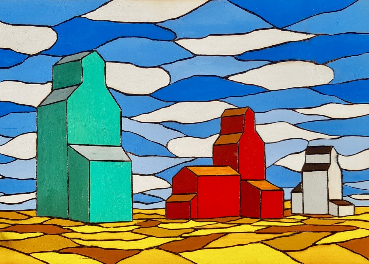 Grain Elevators Wood Burn Acrylic Painting